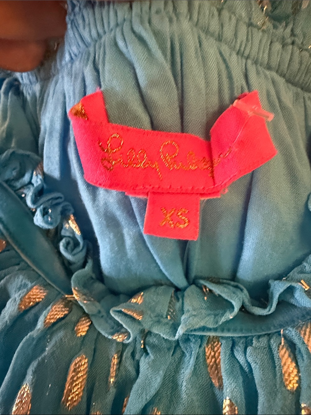 Lilly Pulitzer Turquoise Off-Shoulder Ruffle Top with Metallic Dot Accents XS - Picture 5 of 6